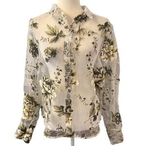 Sheer Floral Embroidered Button-Front Blouse | Romantic Botanical Top Size Small